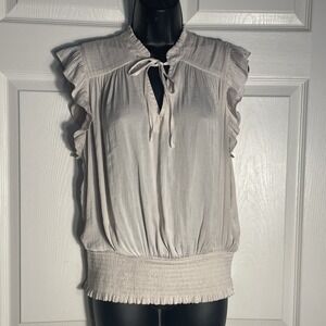 Maison D'Amelie Boho Shirt Women L Beige Keyhole Flutter Sleeves Ruffle Blouse